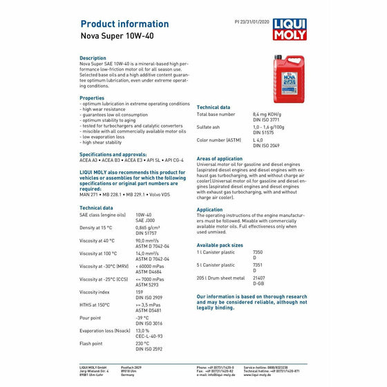 Liqui Moly 10W40 NOVA SUPER Mineral Engine Oil MB VOLVO A3/B3/E3 7351 - World of Lubricant