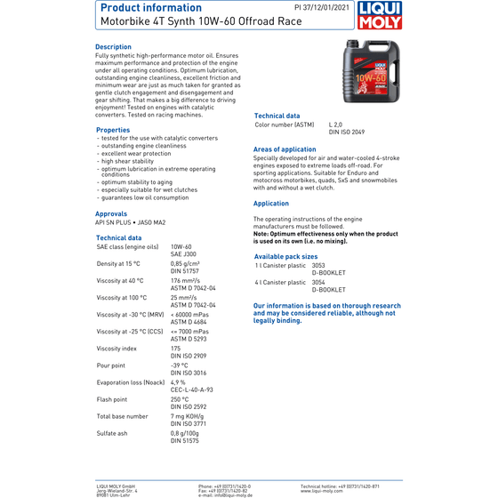 Liqui Moly 10W60 Motorbike 4T Fully Synthetic Engine Oil Off Road Race 3054 - World of Lubricant