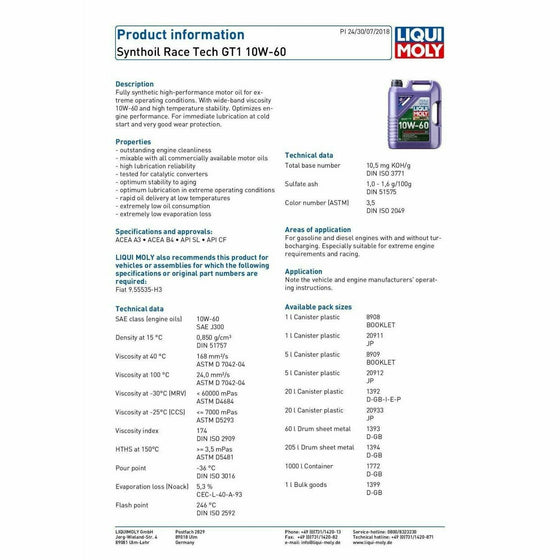 Liqui Moly 10w60 Synthoil Race Tech GT1 Engine Oil A3 B4 SL CF Germany 8909 - World of Lubricant