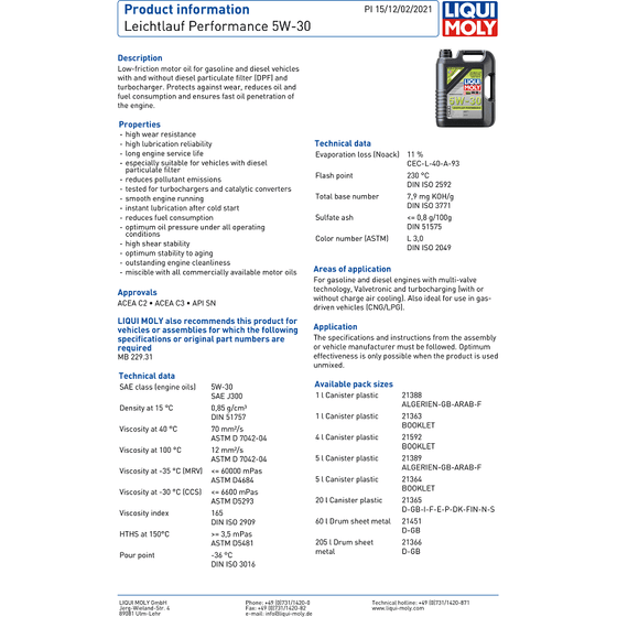 Liqui Moly 5W30 Engine Oil Leichtlauf Performance ACEA C2 C3 API SN 21364 - World of Lubricant