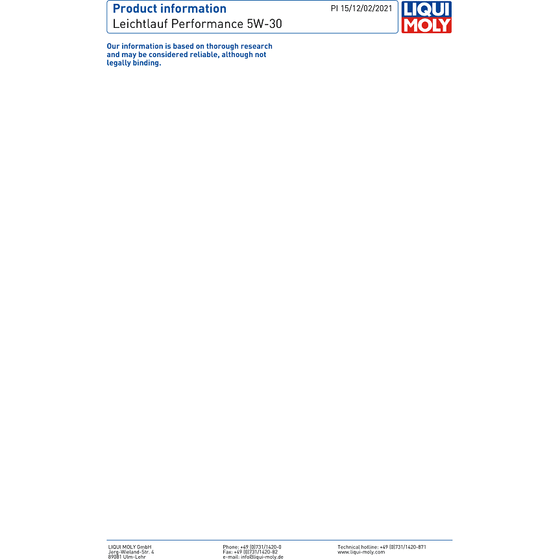 Liqui Moly 5W30 Engine Oil Leichtlauf Performance ACEA C2 C3 API SN 21364 - World of Lubricant