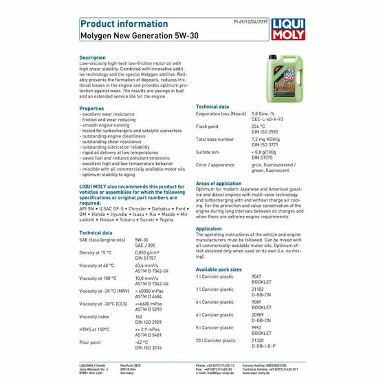 Liqui Moly 5W30 Engine Oil MOLYGEN NEW GENERATION Synthesis technology 9952 - World of Lubricant