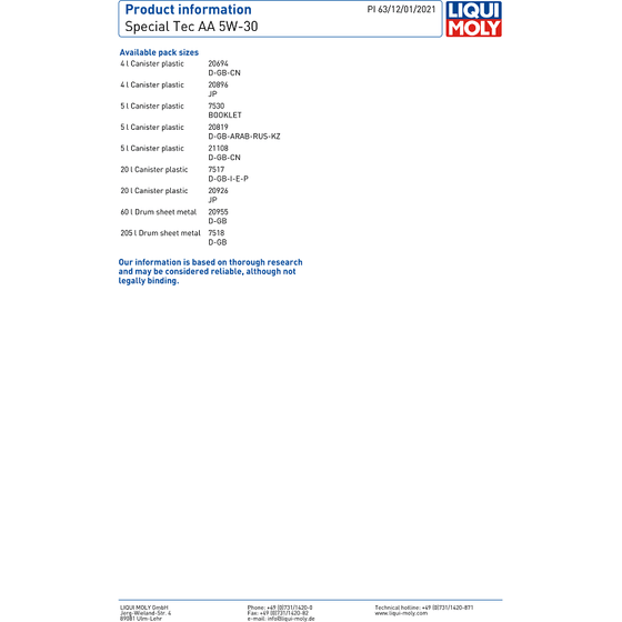 Liqui Moly 5W30 Engine Oil Special Tec AA Honda Lexus Toyota Kia Nissan Dexos1 API SP 7530 - World of Lubricant