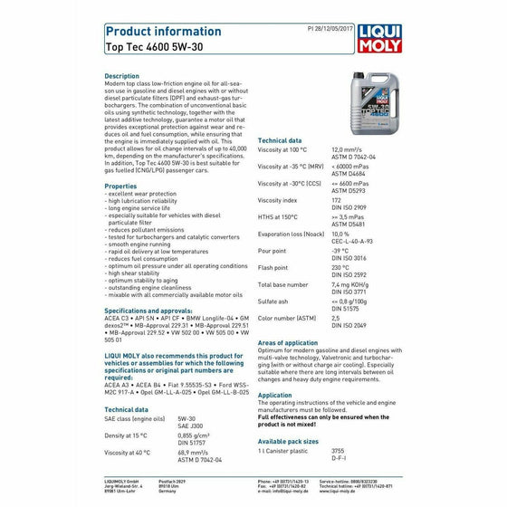 Liqui Moly 5w30 Top Tec 4600 Engine Oil ACEA C3 SN/CF BMW-LL VW MB 2316 - World of Lubricant