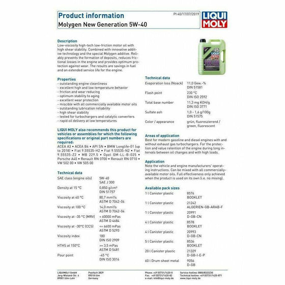 LIQUI MOLY 5W40 MOLYGEN NEW GENERATION ACEA A3/B4 VW BMW AUDI PORSCHE 8536 - World of Lubricant