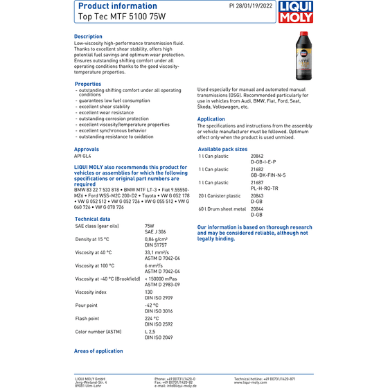 Liqui Moly 75W GL4 Top Tec MTF 5100 1L Transmission Gear Oil 20842 - World of Lubricant