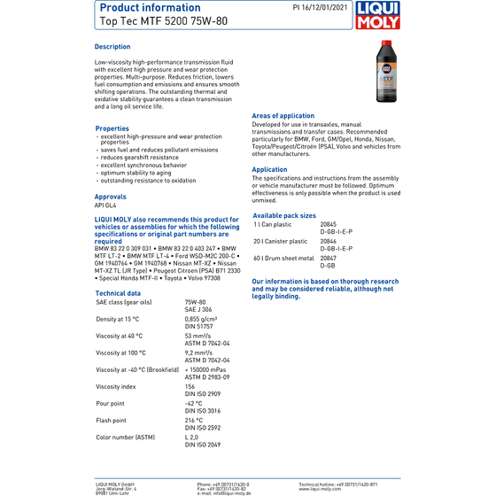 Liqui Moly 75w80 Synthetic Gear Oil 1L GL4 Top Tec MTF 5200 BMW Ford GM 20845 - World of Lubricant