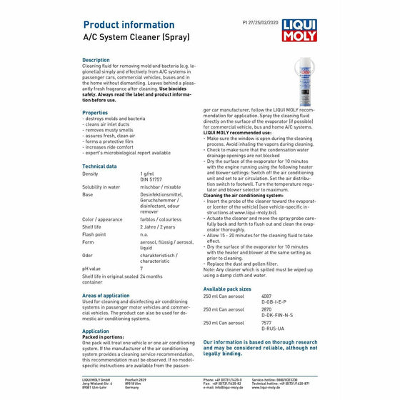 Liqui Moly A/C System Cleaner Spray, Remove Bacteria & Mold 250ml 4087 - World of Lubricant