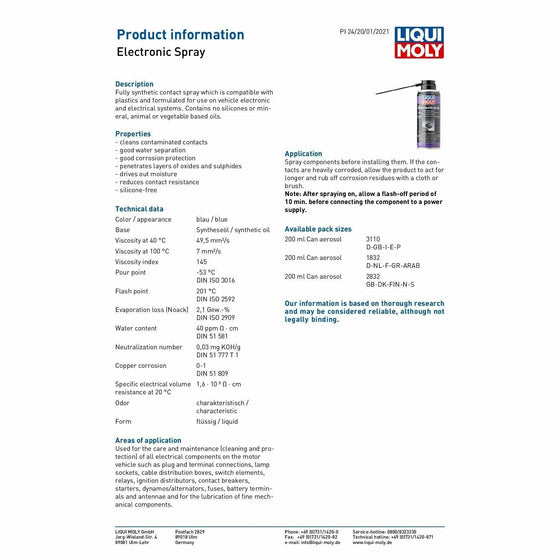 Liqui Moly Automotive Electronic Spray 3110 Contact Cleaner 200ml - World of Lubricant