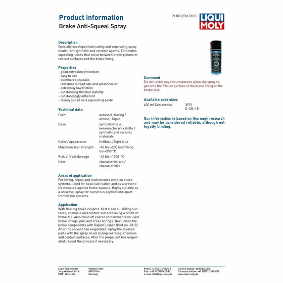 Liqui Moly Brake Anti-Squeal Spray Anti-Seize Grease 400ml Aerosol 3079 - World of Lubricant