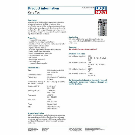 Liqui Moly Cera Tec Ceratec 300ml High Tech Ceramic Engine a Gearbox Wear Protect 3721 - World of Lubricant
