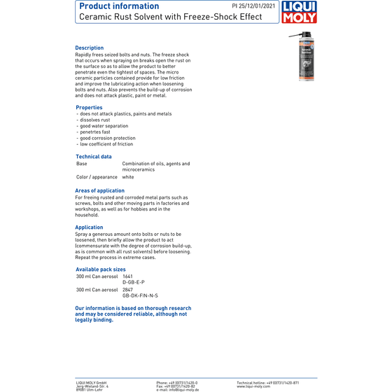 Liqui Moly Ceramic Rust Solvent Freeze Shock Effect Rust Remover 300ml 1641 - World of Lubricant