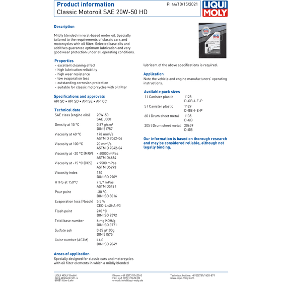 Liqui Moly Classic Motor Oil SAE 20W50 HD Classic Car Mineral Oil Fluid 1129 - World of Lubricant