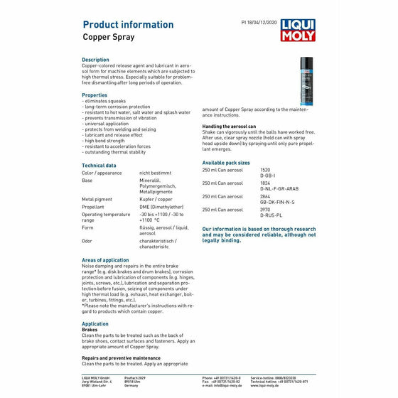 Liqui Moly Copper Spray Grease Premium Quality Anti-Seize 250ml 1520 - World of Lubricant