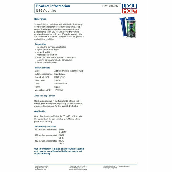 Liqui Moly E10 Additive Petrol Fuel Treatment Stabilizer Conditioner 150ML 21421 - World of Lubricant