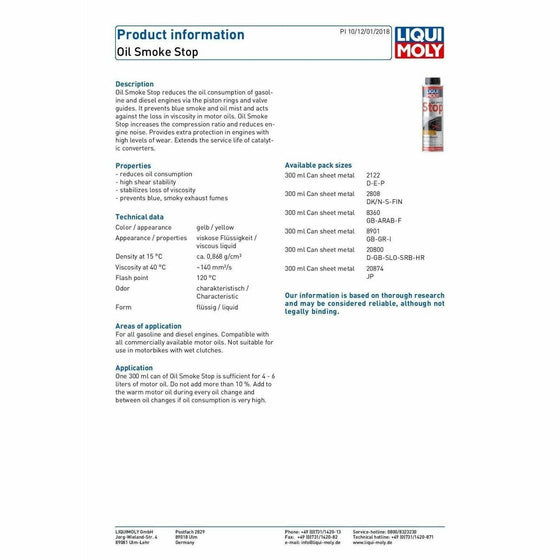 Liqui Moly Engine Oil Smoke Stop Petrol & Diesel 300ml 8901 - World of Lubricant