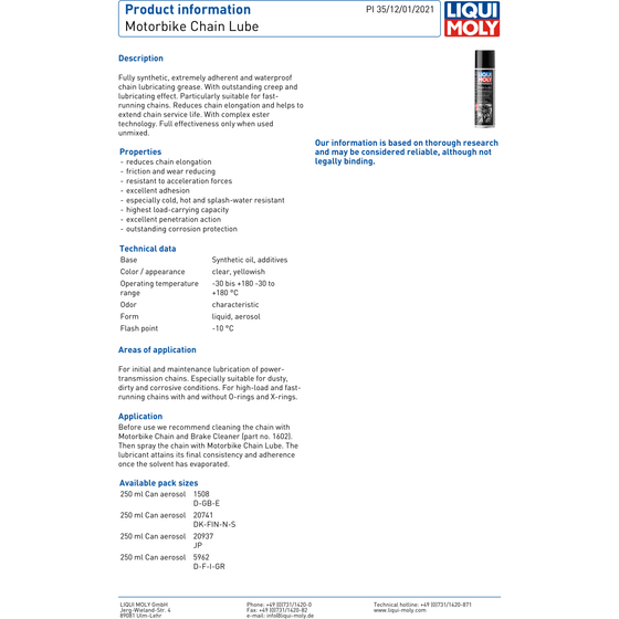 Liqui Moly Fully Synthetic Motorbike Chain Spray Lubricant Protect 1508 - World of Lubricant