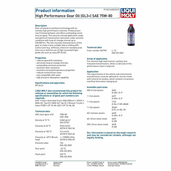 Liqui Moly High Performance Gear Oil GL3+ SAE 75W80 4427 - World of Lubricant