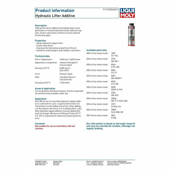 Liqui Moly Hydraulic Lifter Additive Cleans Valve Bores 300ml 2770 - World of Lubricant