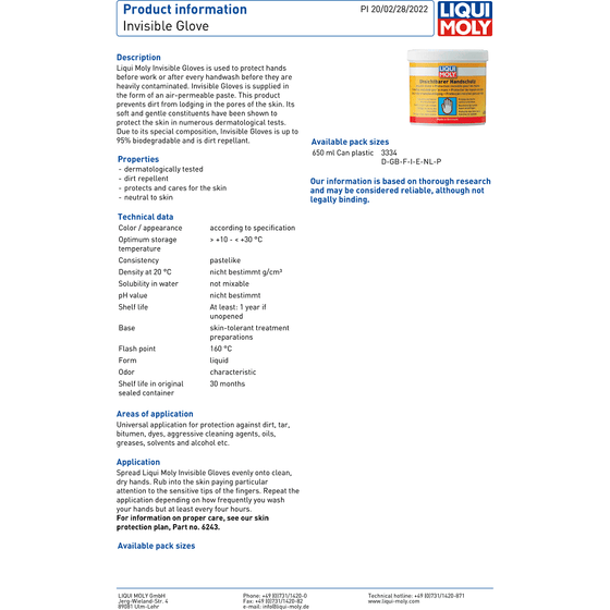 Liqui Moly Invisible Glove Hand Protection Air Permeable Cream 650ML 3334 - World of Lubricant