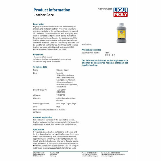 Liqui Moly Leather Care Preserves Protects Leather Conditioner 250ml 1554 - World of Lubricant