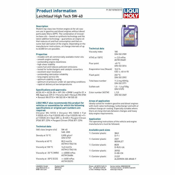 Liqui Moly Leichtlauf High Tech SAE 5W40 Engine Oil ACEA A3/B4 2328 - World of Lubricant