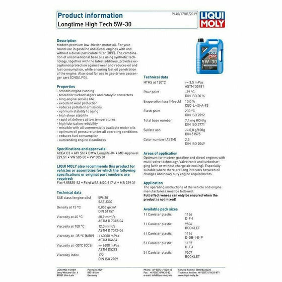 Liqui Moly Longtime High Tech 5W30 Engine Oil Premium Low Friction Oil 9507 - World of Lubricant