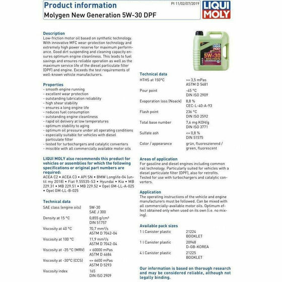 Liqui Moly MOLYGEN NEW GENERATION 5W30 wear-protection DPF BMW-LL C2/C3 21225 - World of Lubricant