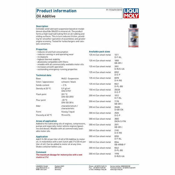 Liqui Moly MoS2 Engine Oil Additive 300ml Lubricate Engine Treatment 2591 - World of Lubricant