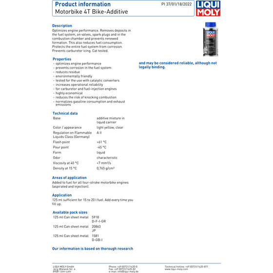 Liqui Moly Motorbike 4T Bike Additive Petrol Fuel Additive 125ml 1581 - World of Lubricant
