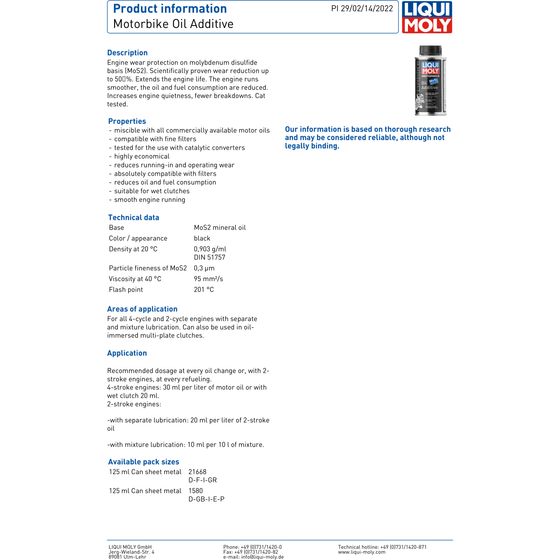 Liqui Moly Motorbike Oil Additive MoS2 Wear Protection 125ml 1580 - World of Lubricant