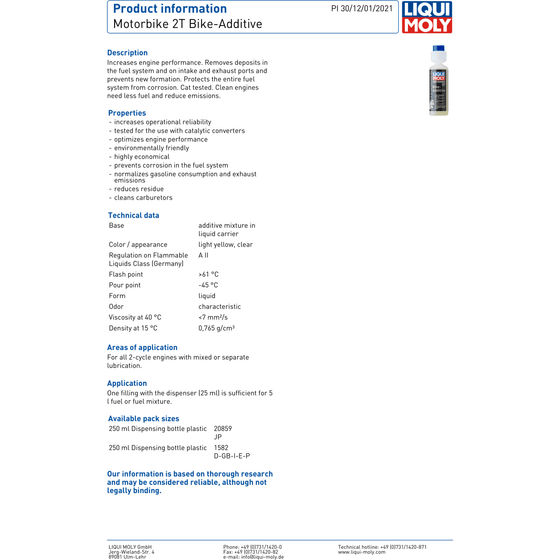 Liqui Moly Motorbike Scooter 2T Bike Additive Fuel System Cleaner 250ml 1582 - World of Lubricant