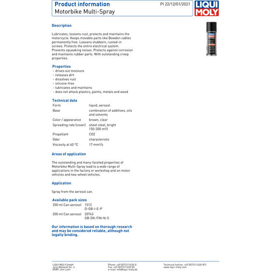 Liqui Moly Motorcycle Motocross Multi Spray Protection 200ml 1513 - World of Lubricant