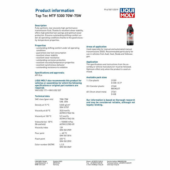 Liqui Moly MTF 5300 Manual Semi Auto DSG Fluid 70w 75w GL4 Audi VW Seat Skoda 21359 - World of Lubricant
