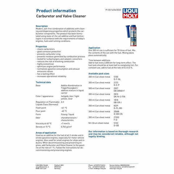 Liqui Moly MTX Carburetor Carb & Valve Cleaner Petrol Additive 300ml 1818 - World of Lubricant