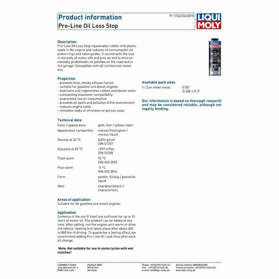 Liqui Moly Oil Leak Stop Additive Pro-Line Rubber and Plastic Sealant 1L 5182 - World of Lubricant