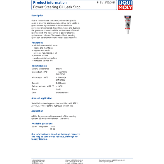 Liqui Moly Power Steering Stop Leak Treatment 35ML Rack Box Fluid Seal 1099 - World of Lubricant
