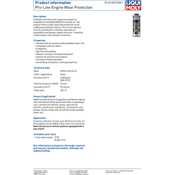 Liqui Moly Pro Line Engine Wear Protection 1L MoS2 Oil Additive 5197 - World of Lubricant
