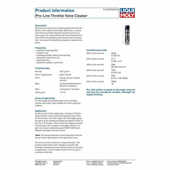 Liqui Moly Pro Line Throttle Valve Cleaner 400ml Made in Germany 5111 - World of Lubricant
