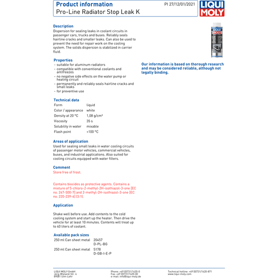 Liqui Moly ProLine Radiator Stop Leak K 250ML Coolant System Sealant 5178 - World of Lubricant