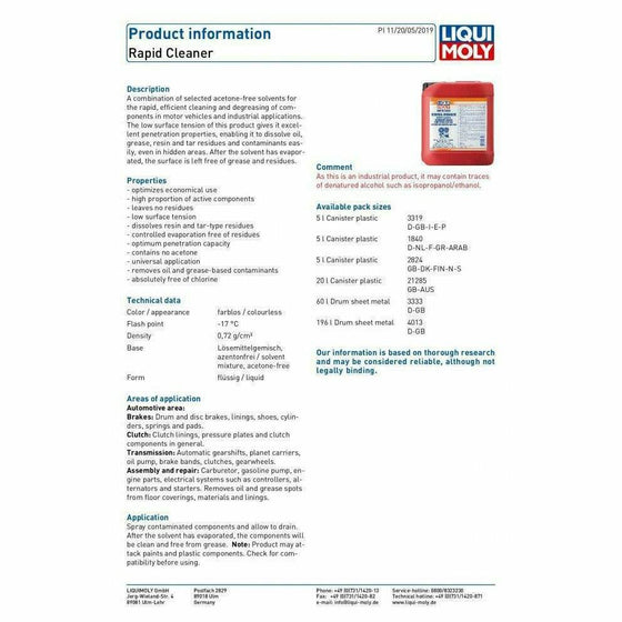 Liqui Moly Rapid Clean Clutch Brake and Transmission Cleaner 3319 - World of Lubricant