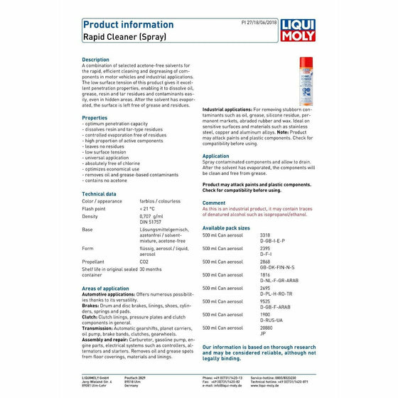 Liqui Moly Rapid Cleaner Brakes Clutch Transmission 500ml 3318 - World of Lubricant