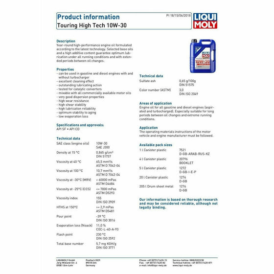 Liqui Moly SAE 10w30 Touring High Tec Mineral Engine Oil API SF/CD 1272 - World of Lubricant
