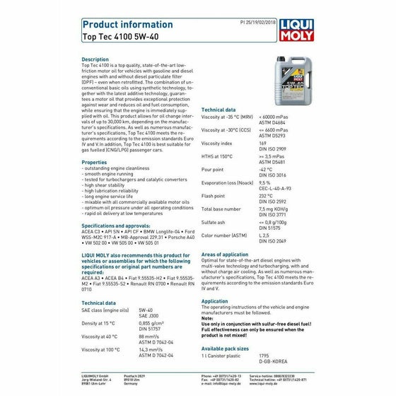 Liqui Moly SAE 5W40 Top Tec 4100 Fully Synthetic Engine Oil C3 9511 - World of Lubricant