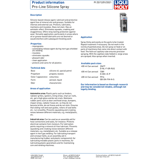Liqui Moly Silicone Spray ProLine 400ML Grease Interior Exterior Use 7389 - World of Lubricant
