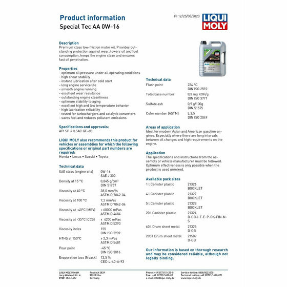 Liqui Moly Special Tec AA 0W-16 Synthetic Engine Oil API Toyota Honda Lexus 21328 - World of Lubricant