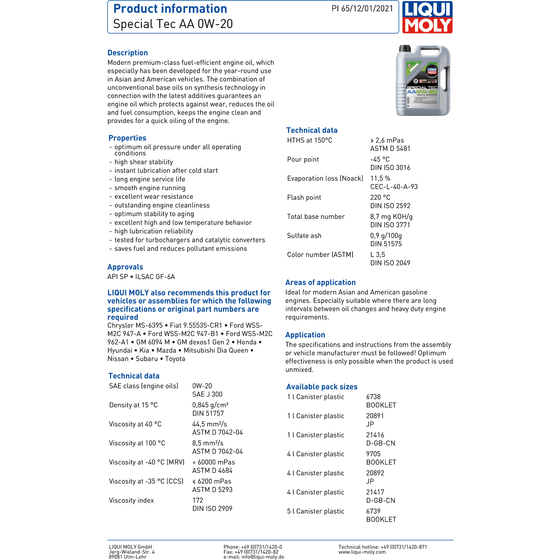 Liqui Moly Special Tec AA 0W20 Engine Oil Asian & American Vehicle 6739 - World of Lubricant
