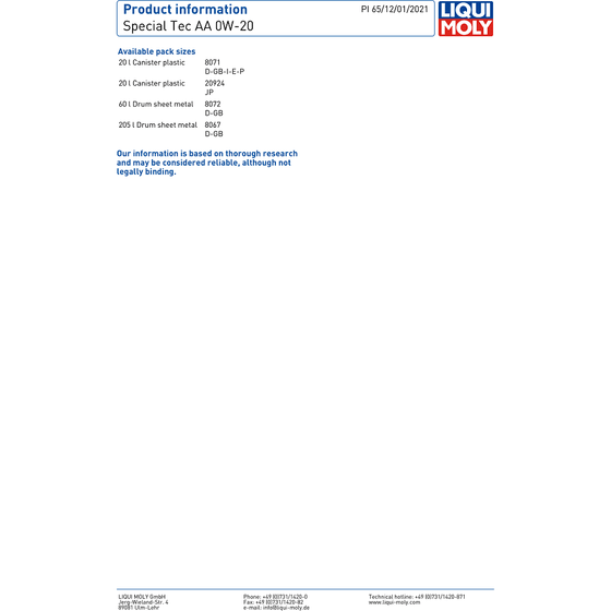 Liqui Moly Special Tec AA 0W20 Engine Oil Asian & American Vehicle 6739 - World of Lubricant