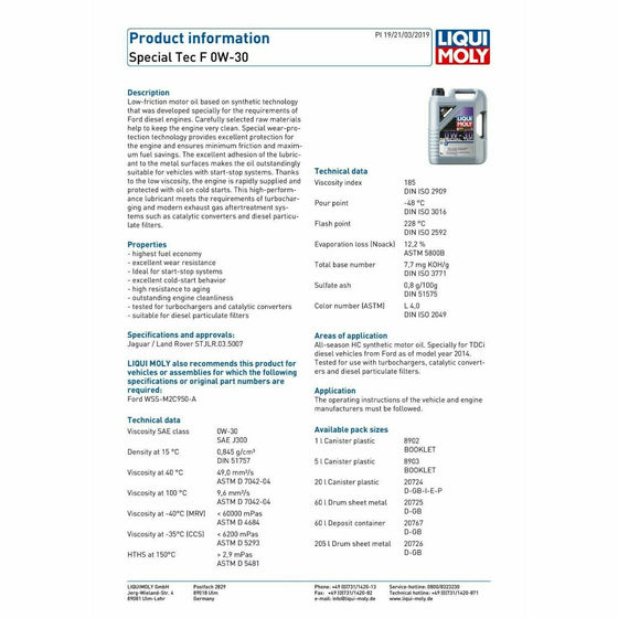 Liqui Moly Special Tec F SAE 0W30 Jaguar Ford Land Rover Engine Oil 8903 - World of Lubricant
