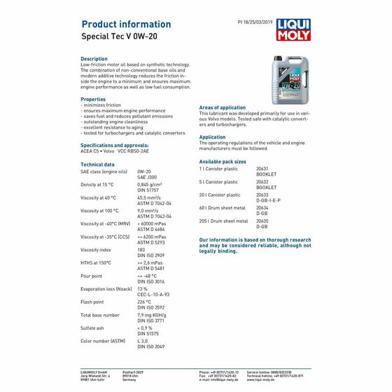 Liqui Moly Special Tec V 0W20 Volvo Engine Oil ACEA C5 VCC RBS0-2AE 20632 - World of Lubricant